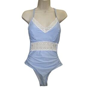 Cupshe One Piece Swimsuit Women M Blue White Stripe Lace‎ Trim Coquette Feminine